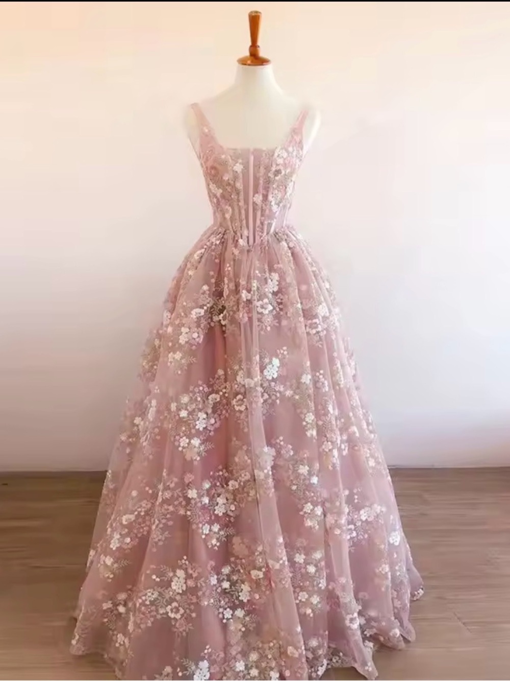 Elegant Pink Floral Tulle Ball Gown Dress